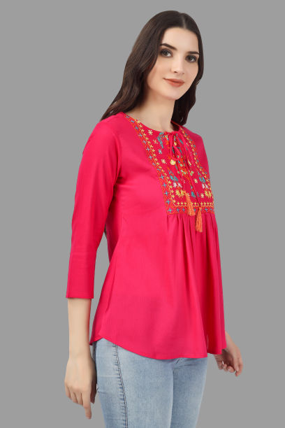 House of RP Women Pink Rayon Embroidered Flared Tunic | Grocsy