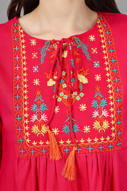 House of RP Women Pink Rayon Embroidered Flared Tunic | Grocsy