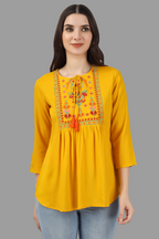 House of RP Women Yellow Rayon Embroidered Flared Tunic | Grocsy