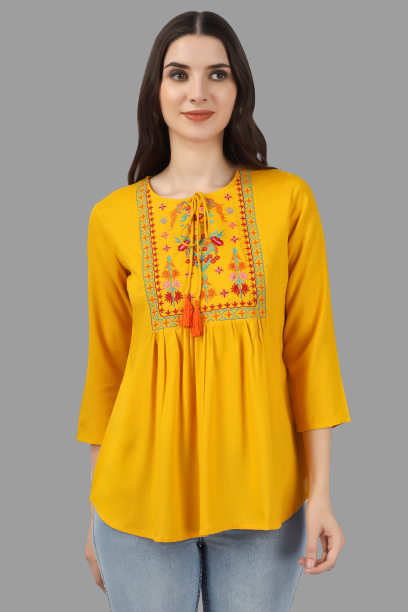 House of RP Women Yellow Rayon Embroidered Flared Tunic | Grocsy