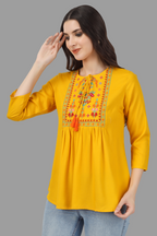 House of RP Women Yellow Rayon Embroidered Flared Tunic | Grocsy