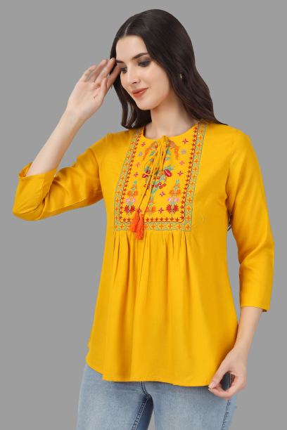 House of RP Women Yellow Rayon Embroidered Flared Tunic | Grocsy