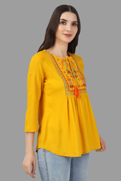 House of RP Women Yellow Rayon Embroidered Flared Tunic | Grocsy
