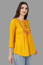 House of RP Women Yellow Rayon Embroidered Flared Tunic | Grocsy