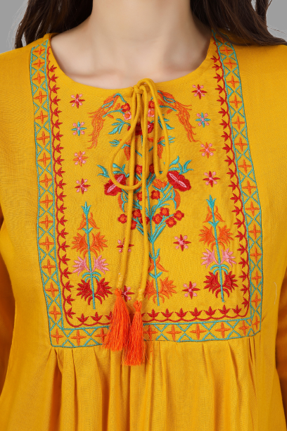 House of RP Women Yellow Rayon Embroidered Flared Tunic | Grocsy