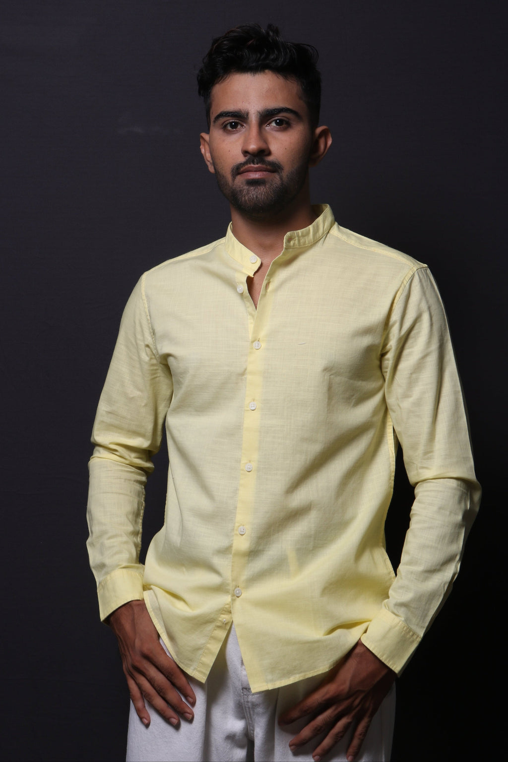 Jonesburg Yellow Slub Mandarin Collar Slim Fit Shirt | Grocsy