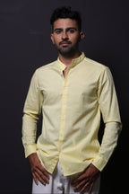 Jonesburg Yellow Slub Mandarin Collar Slim Fit Shirt | Grocsy