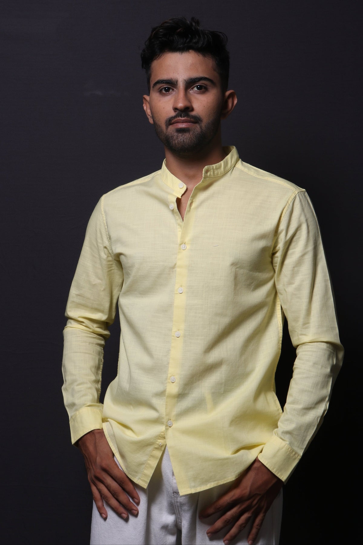 Jonesburg Yellow Slub Mandarin Collar Slim Fit Shirt | Grocsy