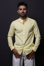 Jonesburg Yellow Slub Mandarin Collar Slim Fit Shirt | Grocsy
