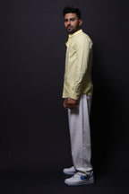 Jonesburg Yellow Slub Mandarin Collar Slim Fit Shirt | Grocsy
