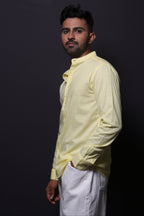 Jonesburg Yellow Slub Mandarin Collar Slim Fit Shirt | Grocsy