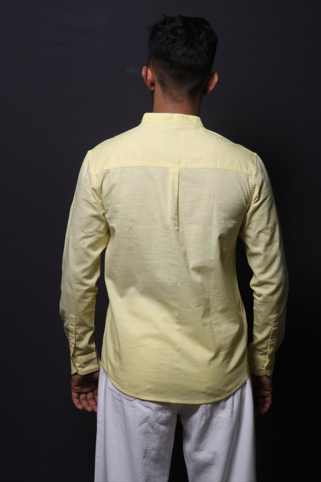 Jonesburg Yellow Slub Mandarin Collar Slim Fit Shirt | Grocsy