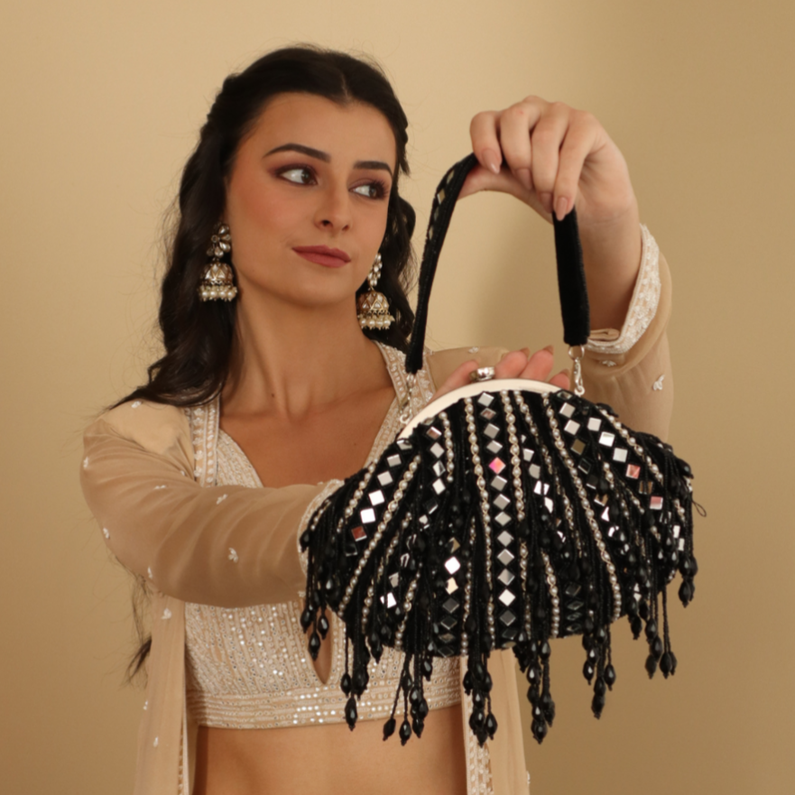 New Stylish Partywear Black Mirror Work Potli Bag for Womens by House of Ree - Swadesiicart