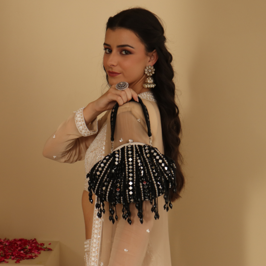 New Stylish Partywear Black Mirror Work Potli Bag for Womens by House of Ree - Swadesiicart