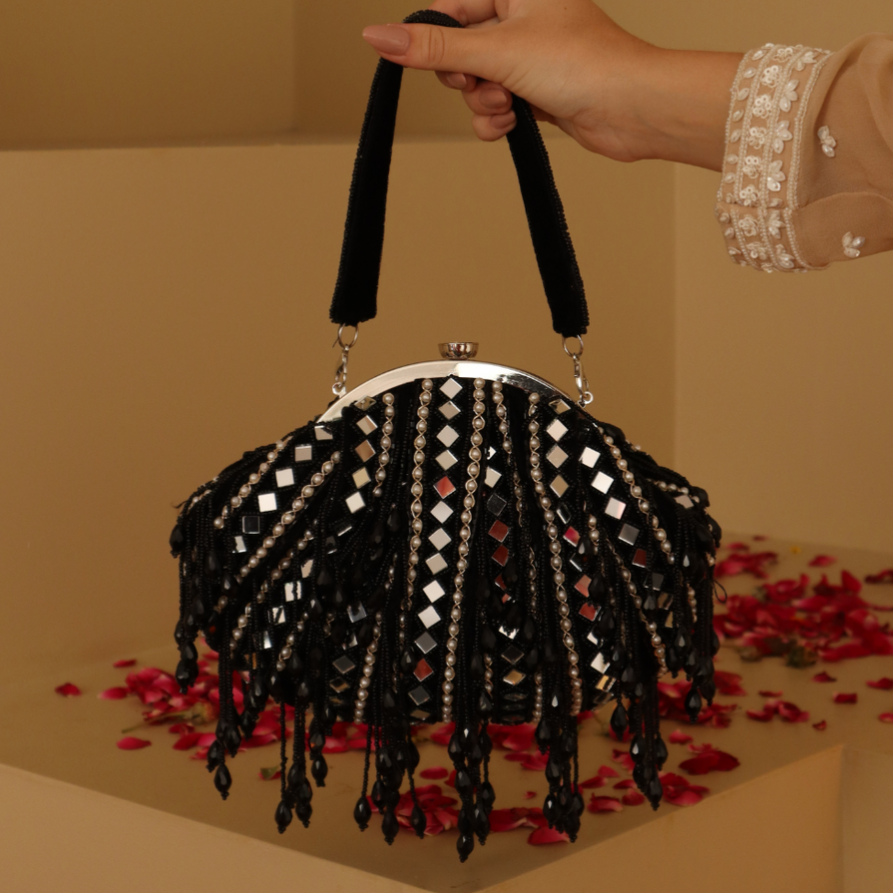 New Stylish Partywear Black Mirror Work Potli Bag for Womens by House of Ree - Swadesiicart