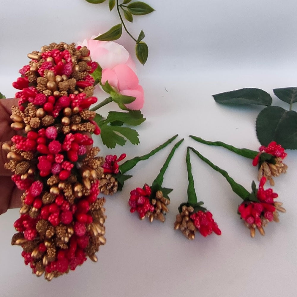 Red & Gold Bridal Hair Gajra with Brooches | Grocsy