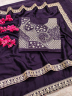 Lorenvalley Fashion Purple Rangoli Silk with Coding Sequence and Multi Lace Work Saree with Blouse | Grocsy