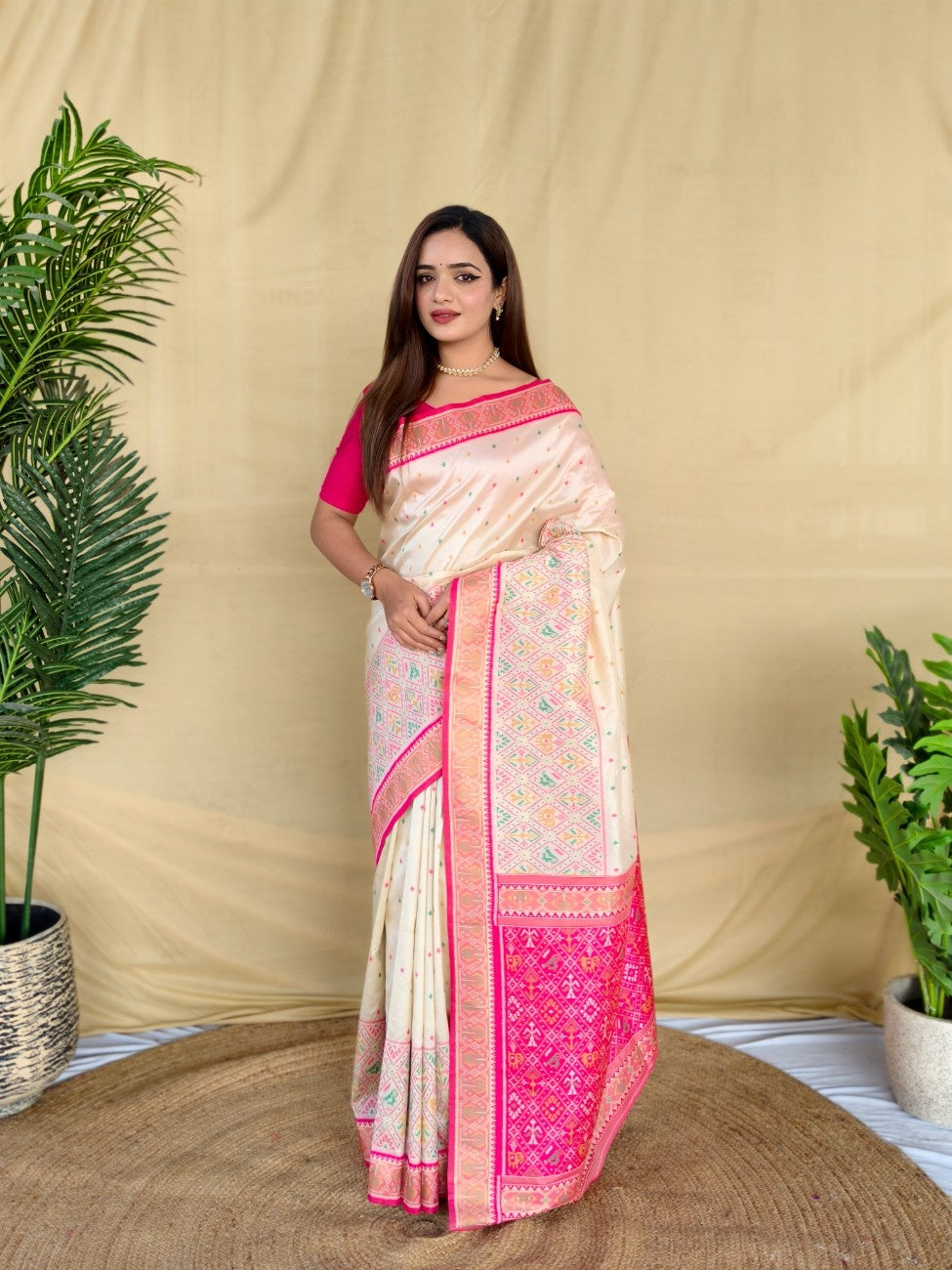 Mameraa Sarees Ivory Soft Silk Saree With Multi Thread Zari Contrast Border And Pallu-Ivory | Grocsy