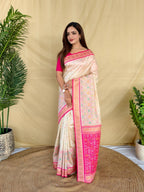 Mameraa Sarees Ivory Soft Silk Saree With Multi Thread Zari Contrast Border And Pallu-Ivory | Grocsy