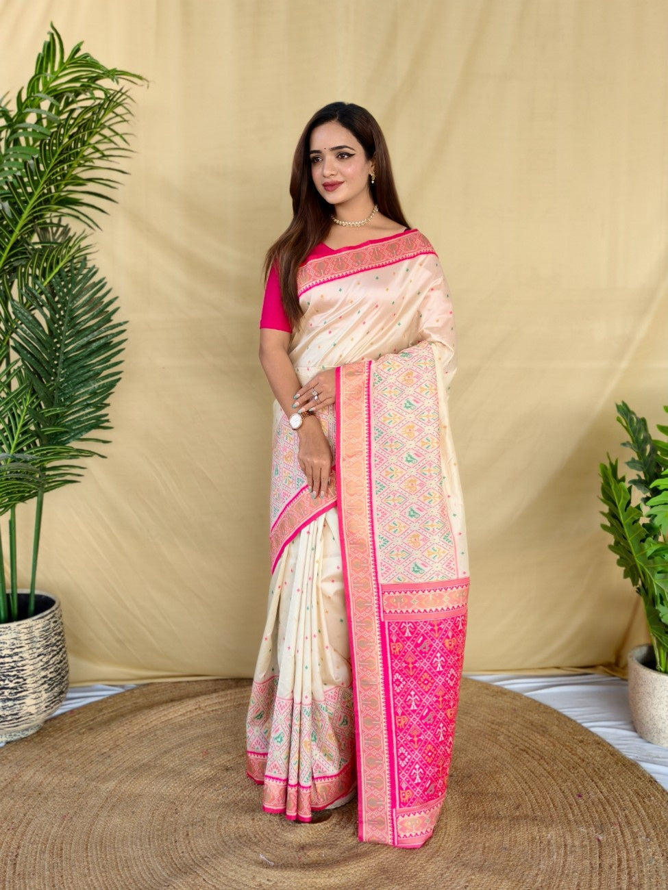 Mameraa Sarees Ivory Soft Silk Saree With Multi Thread Zari Contrast Border And Pallu-Ivory | Grocsy