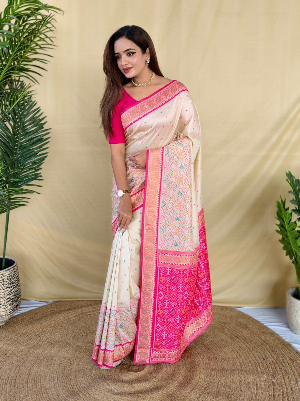 Mameraa Sarees Ivory Soft Silk Saree With Multi Thread Zari Contrast Border And Pallu-Ivory | Grocsy