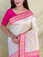 Mameraa Sarees Ivory Soft Silk Saree With Multi Thread Zari Contrast Border And Pallu-Ivory | Grocsy