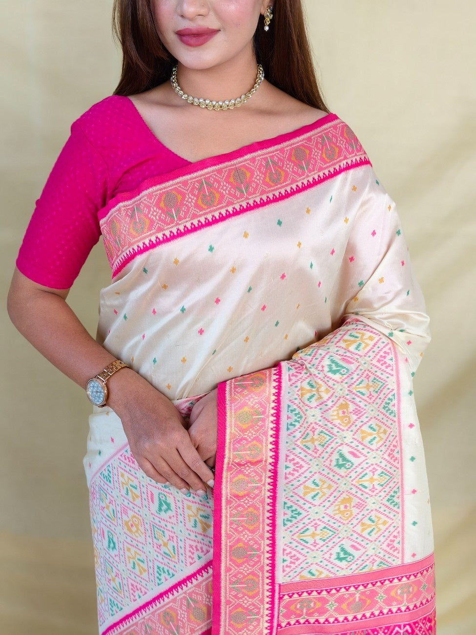 Mameraa Sarees Ivory Soft Silk Saree With Multi Thread Zari Contrast Border And Pallu-Ivory | Grocsy