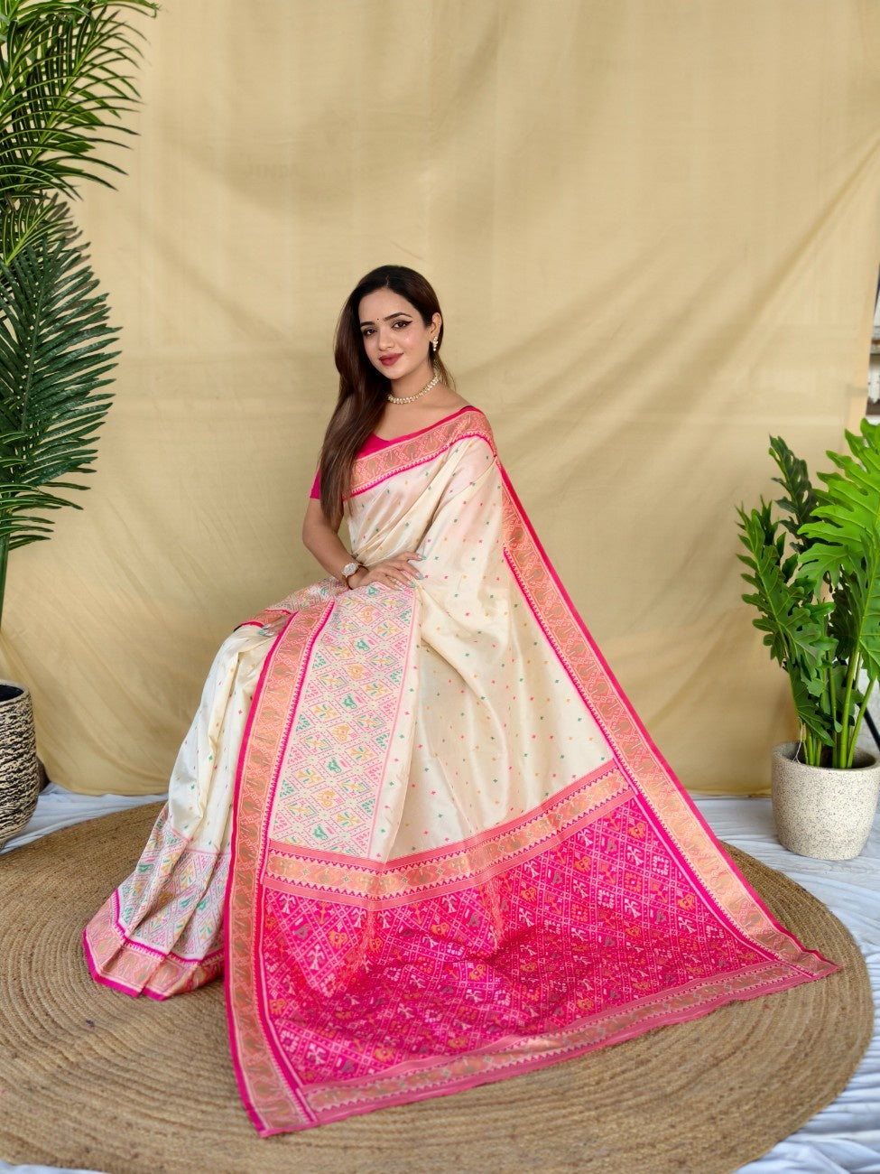 Mameraa Sarees Ivory Soft Silk Saree With Multi Thread Zari Contrast Border And Pallu-Ivory | Grocsy