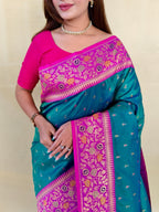 Mameraa Sarees Graceful Teal Green Soft Silk Saree Adorned With Delicate Zari Woven Buttas-Teal | Grocsy
