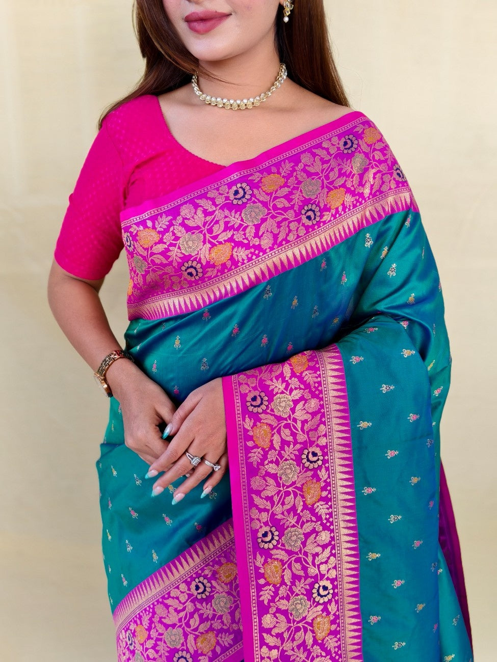Mameraa Sarees Graceful Teal Green Soft Silk Saree Adorned With Delicate Zari Woven Buttas-Teal | Grocsy