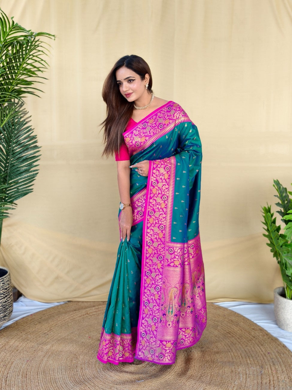 Mameraa Sarees Graceful Teal Green Soft Silk Saree Adorned With Delicate Zari Woven Buttas-Teal | Grocsy
