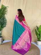 Mameraa Sarees Graceful Teal Green Soft Silk Saree Adorned With Delicate Zari Woven Buttas-Teal | Grocsy