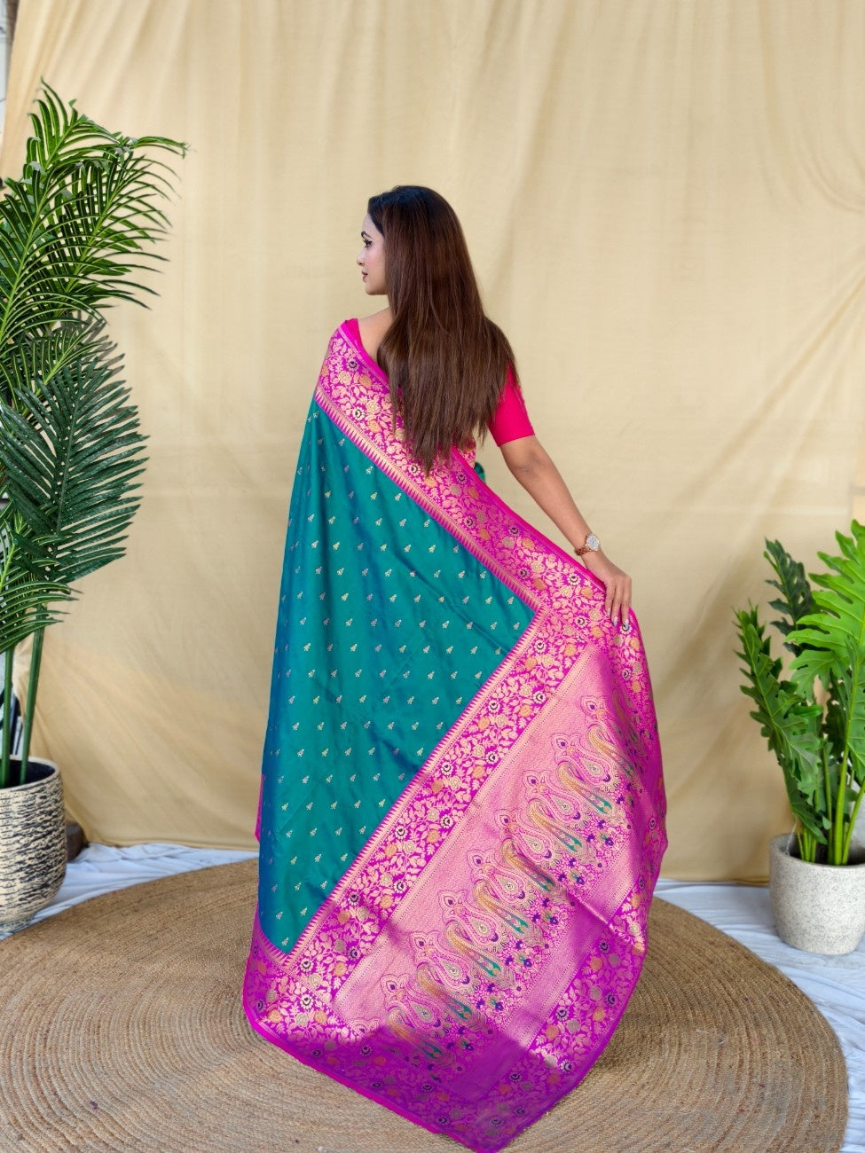 Mameraa Sarees Graceful Teal Green Soft Silk Saree Adorned With Delicate Zari Woven Buttas-Teal | Grocsy