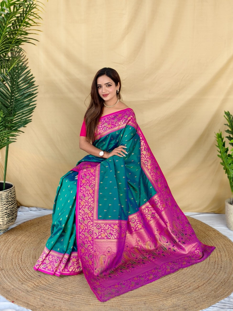 Mameraa Sarees Graceful Teal Green Soft Silk Saree Adorned With Delicate Zari Woven Buttas-Teal | Grocsy