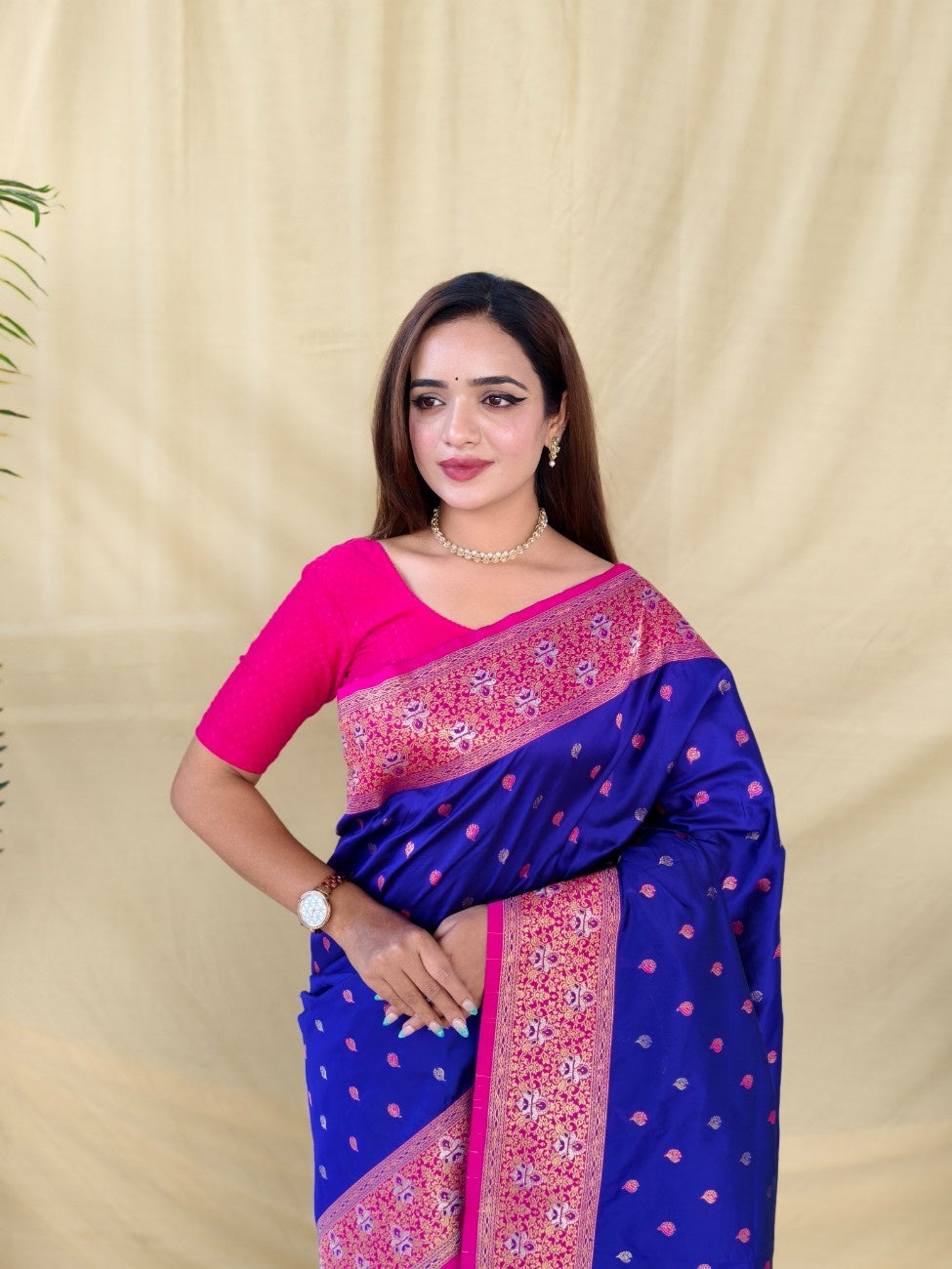 Mameraa Sarees Royal Blue Soft Silk Saree With Zari Woven Border And Contrast Zari Pallu-Royal_Blue | Grocsy