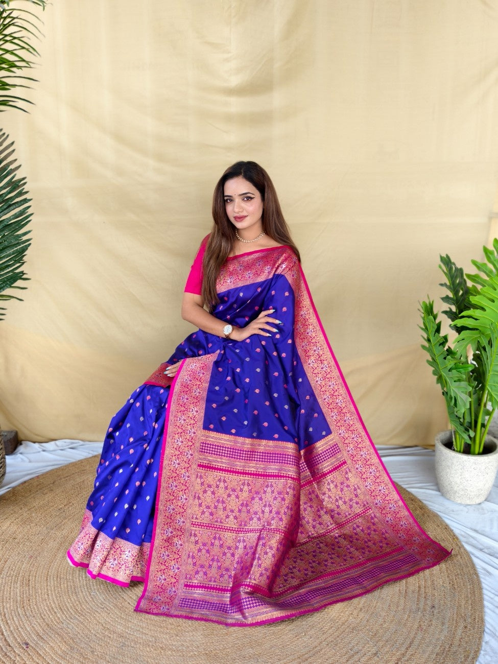 Mameraa Sarees Royal Blue Soft Silk Saree With Zari Woven Border And Contrast Zari Pallu-Royal_Blue | Grocsy