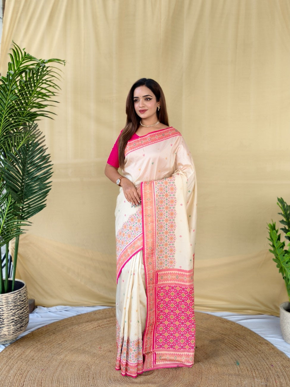 Mameraa Sarees Ivory Soft Silk Saree With Multi Thread Zari Contrast Patola Border And Pallu-Ivory | Grocsy
