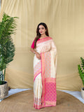 Mameraa Sarees Ivory Soft Silk Saree With Multi Thread Zari Contrast Patola Border And Pallu-Ivory | Grocsy