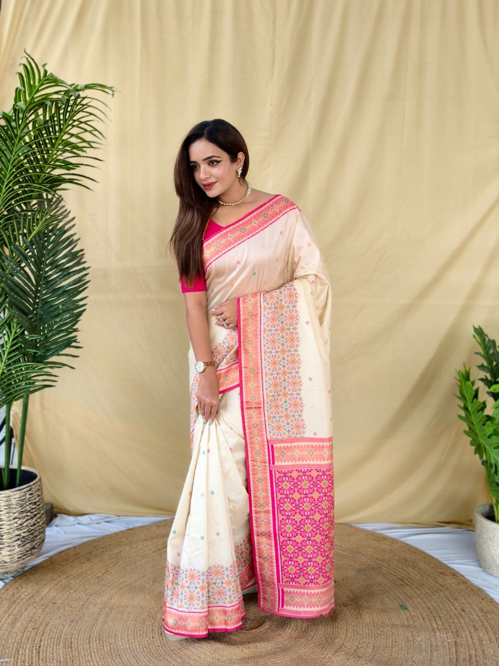Mameraa Sarees Ivory Soft Silk Saree With Multi Thread Zari Contrast Patola Border And Pallu-Ivory | Grocsy