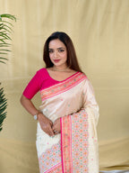 Mameraa Sarees Ivory Soft Silk Saree With Multi Thread Zari Contrast Patola Border And Pallu-Ivory | Grocsy