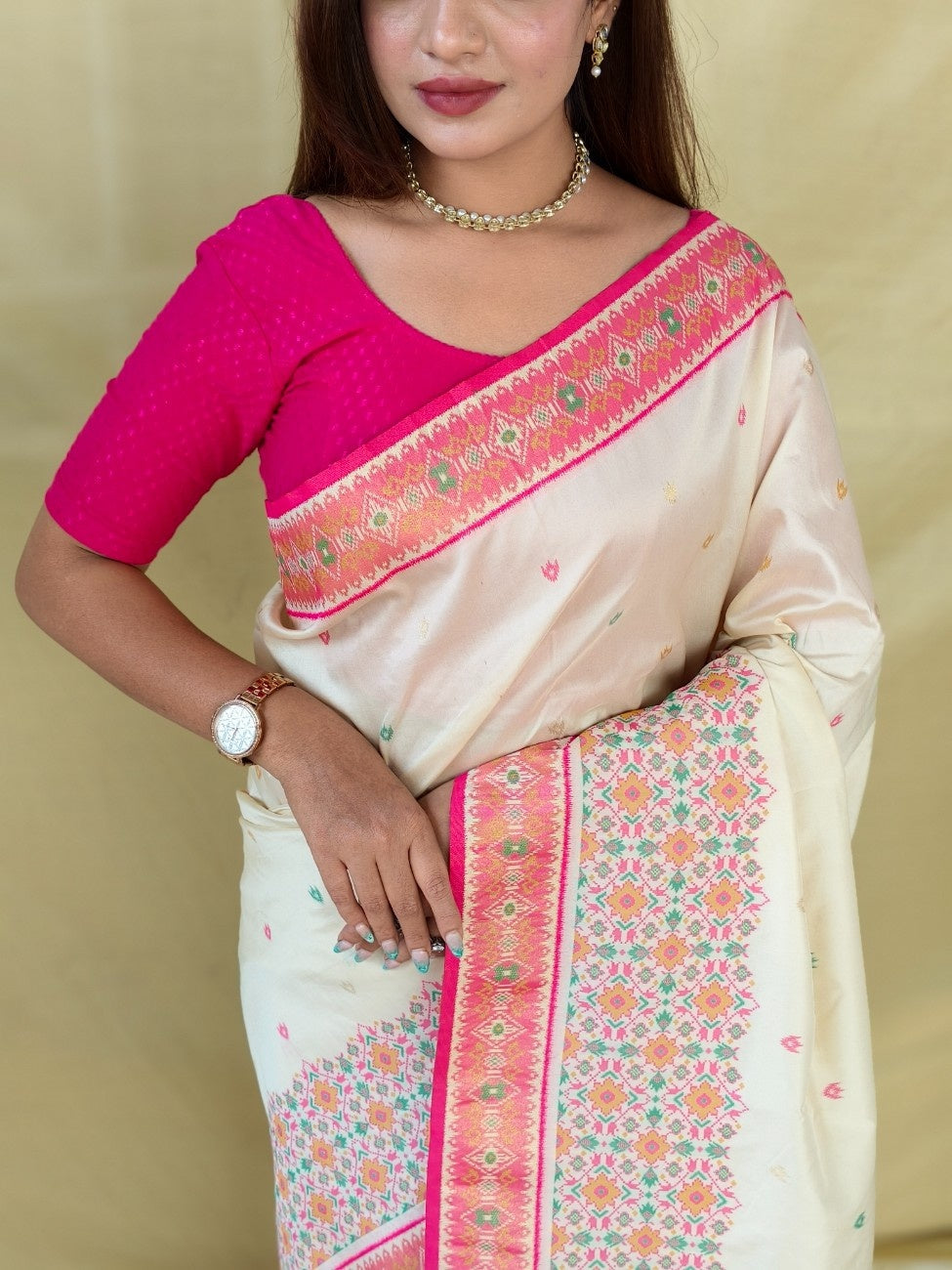 Mameraa Sarees Ivory Soft Silk Saree With Multi Thread Zari Contrast Patola Border And Pallu-Ivory | Grocsy