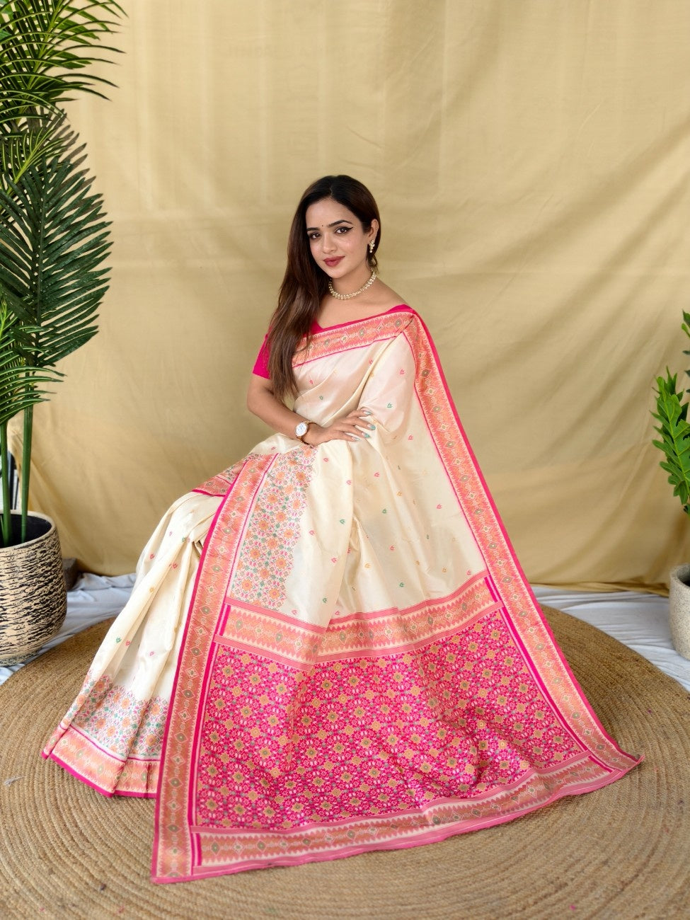 Mameraa Sarees Ivory Soft Silk Saree With Multi Thread Zari Contrast Patola Border And Pallu-Ivory | Grocsy