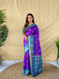 Mameraa Sarees Elegant Soft Silk Saree Delicate Elephant Weaved Buti Motifs-Purple | Grocsy