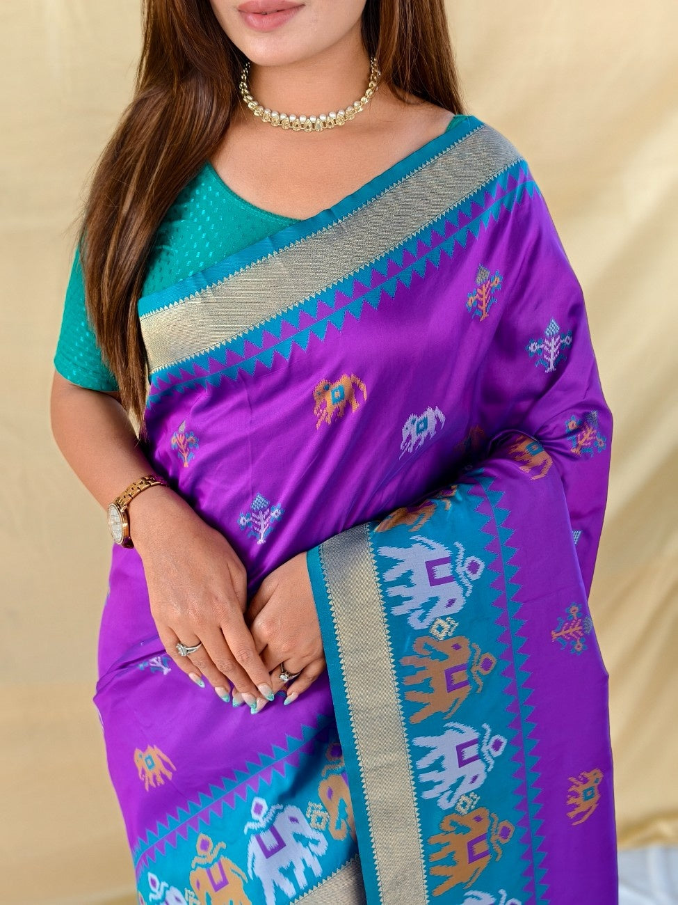Mameraa Sarees Elegant Soft Silk Saree Delicate Elephant Weaved Buti Motifs-Purple | Grocsy