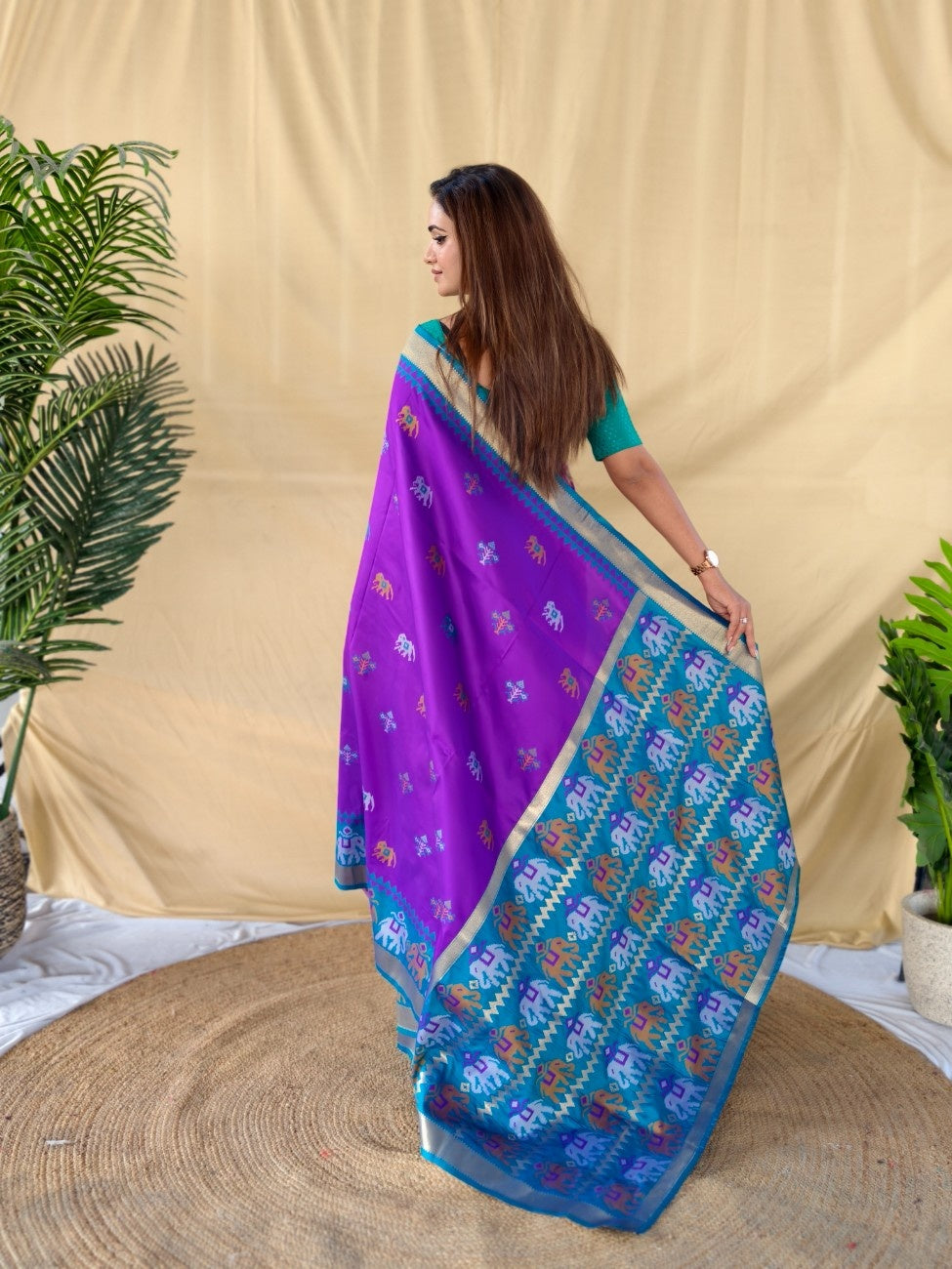 Mameraa Sarees Elegant Soft Silk Saree Delicate Elephant Weaved Buti Motifs-Purple | Grocsy