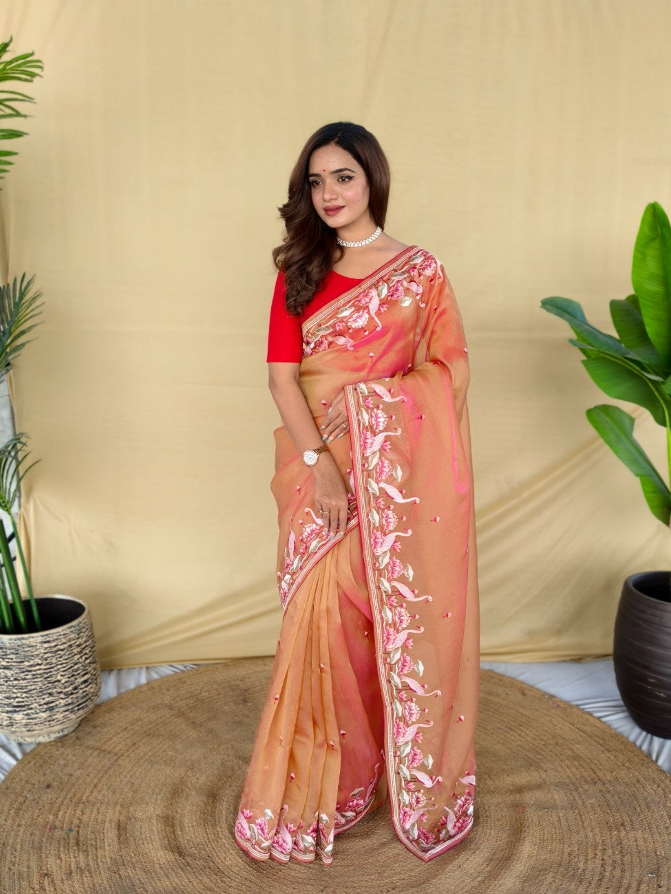 Mameraa Sarees Peach Royal Gabbana Silk Saree Woven In A Shiny Dual-Tone Finish-Peach | Grocsy