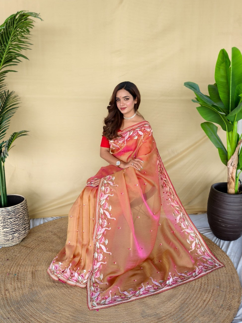 Mameraa Sarees Peach Royal Gabbana Silk Saree Woven In A Shiny Dual-Tone Finish-Peach | Grocsy