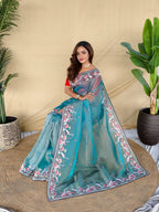 Mameraa Sarees Sky Blue Royal Gabbana Silk Saree Woven In A Shiny Dual-Tone Finish-Sky_Blue | Grocsy