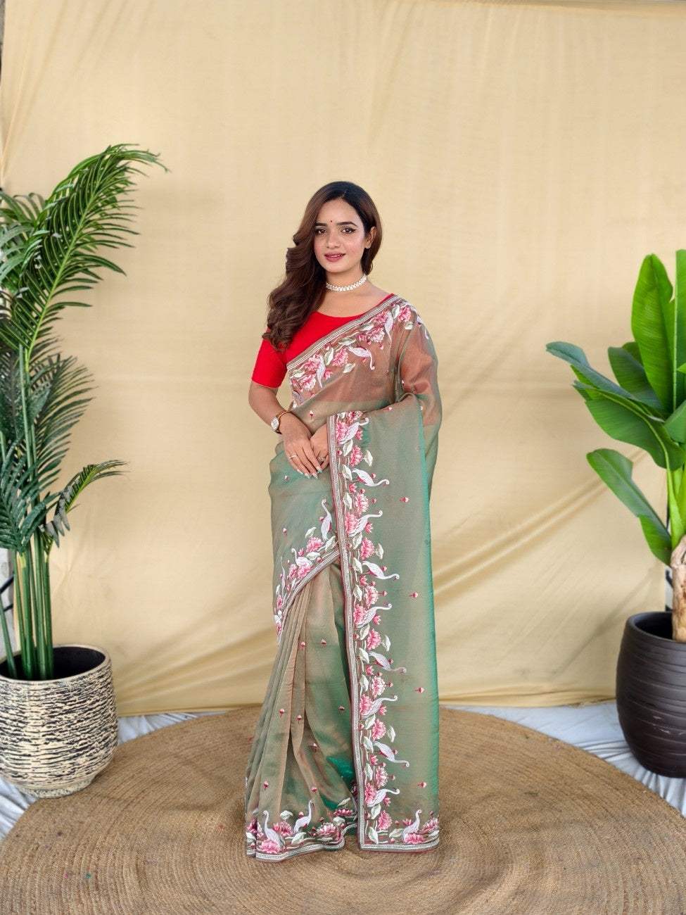 Mameraa Sarees Green Royal Gabbana Silk Saree Woven In A Shiny Dual-Tone Finish-Green | Grocsy