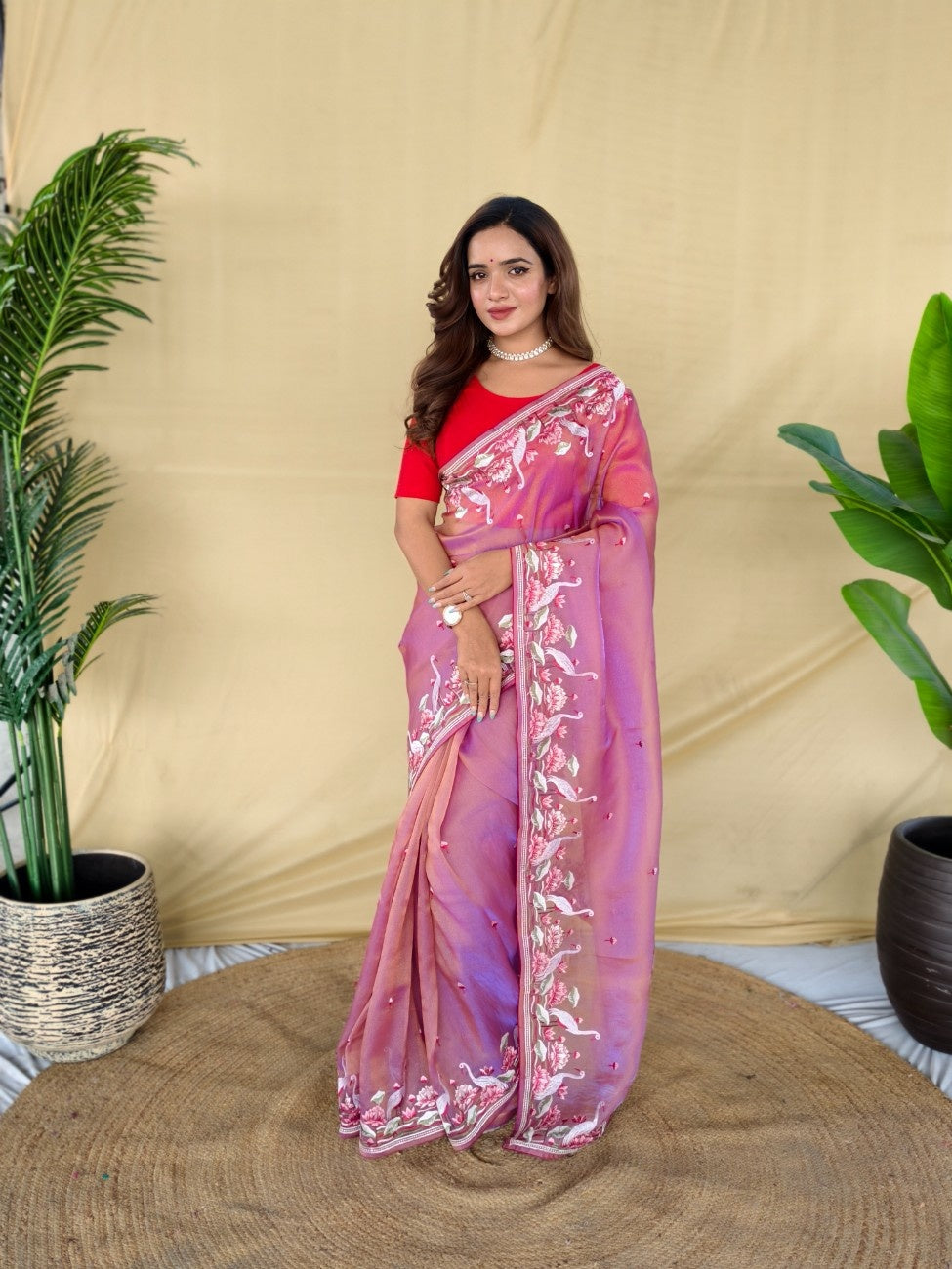 Mameraa Sarees Pink Royal Gabbana Silk Saree Woven In A Shiny Dual-Tone Finish-Pink | Grocsy